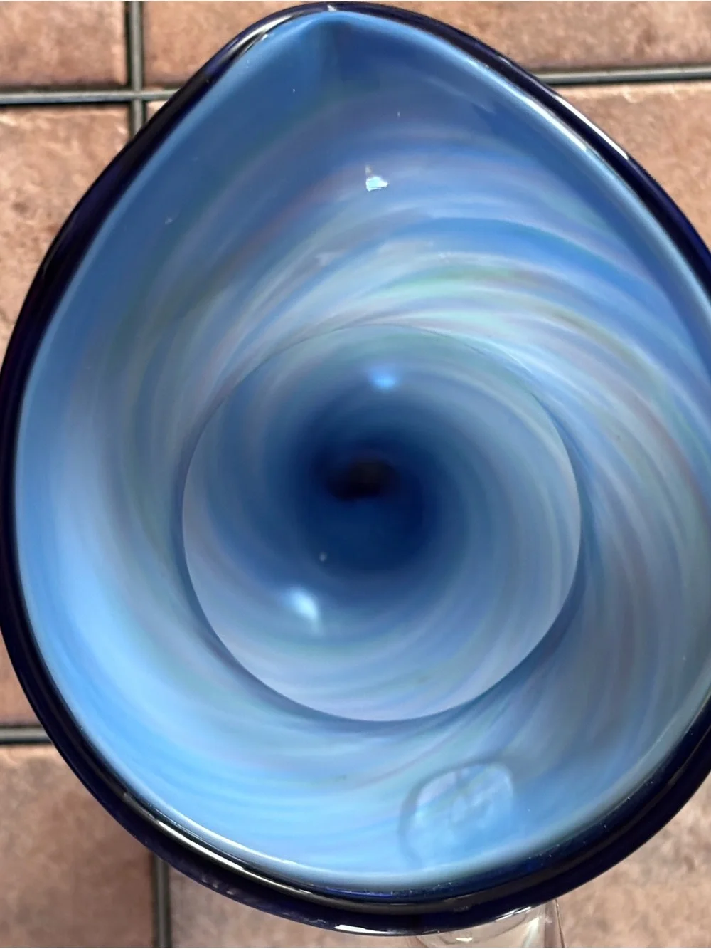 Hand-Blown Art Glass Pitcher Vase | Blue White Green Swirl Stripes 10 3/4 Inches